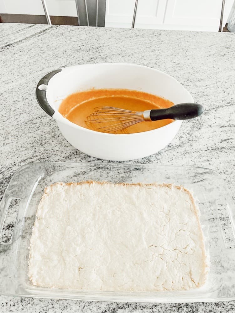 Pour the pumpkin filling on top of shortbread crust