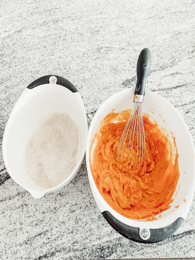 Mixing the pumpkin pie filling