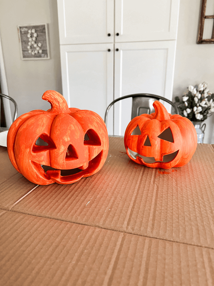 1st Coat Of Orange Paint on Pumpkins