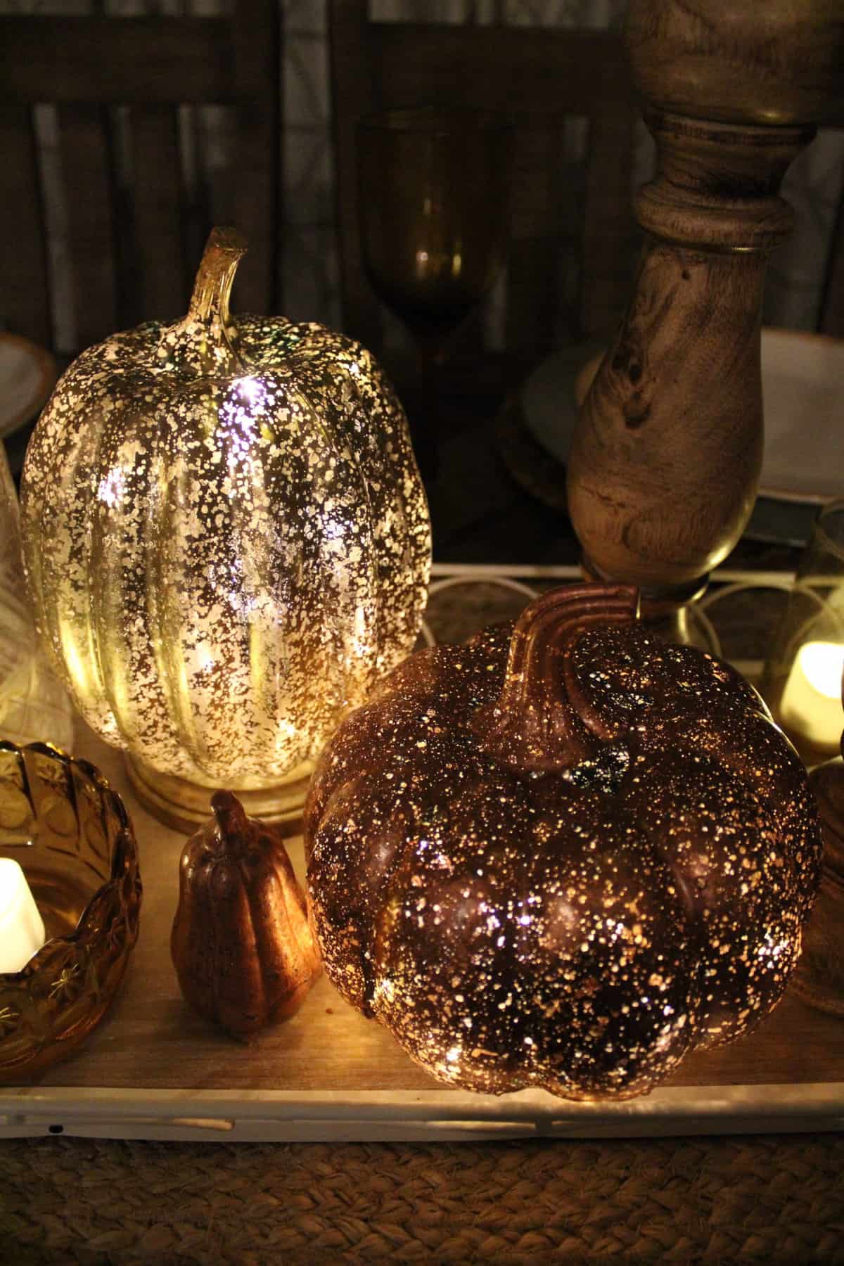Close Up of Lighted Mercury Glass Pumpkins