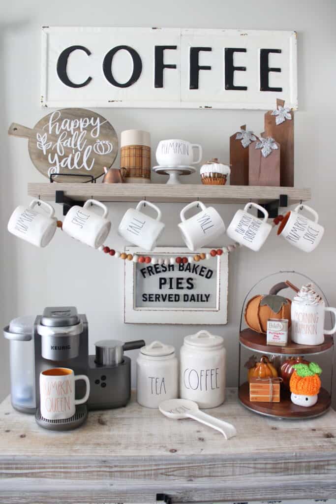 Farmhouse Coffee Bar with DIY floating shelf and mug rack