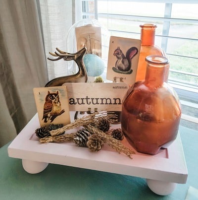 Fall Vignette with Mushrooms, Autumn Flash Card, and Amber Bottles