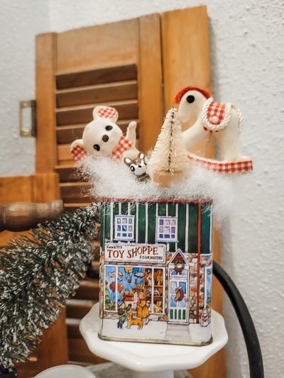 Christmas Tin with Vintage Ornaments on a tiered tray