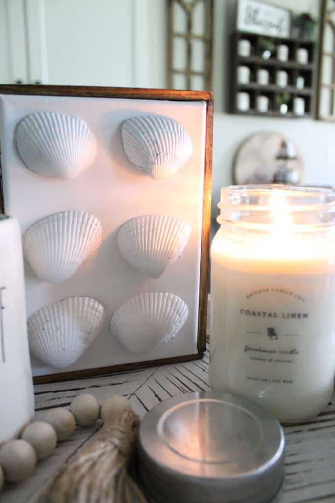 Coastal Linen Candle and sea Shell Decor