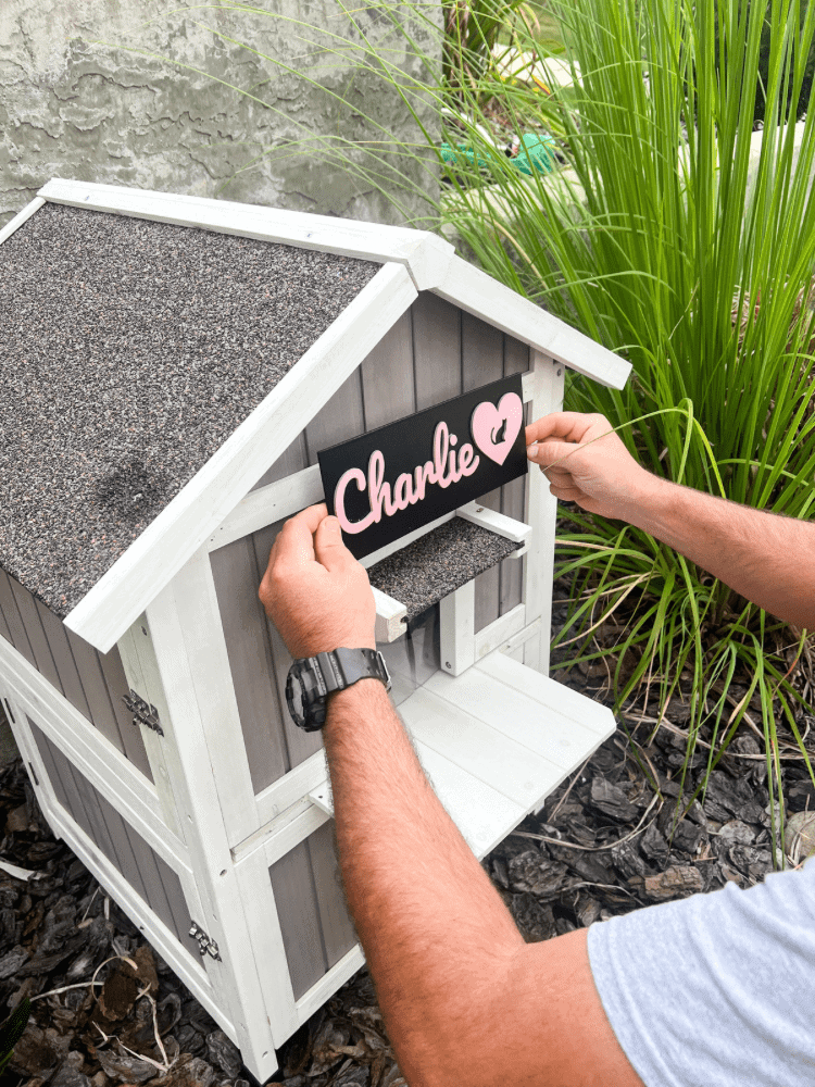 Attaching Cat Sign to Cat House