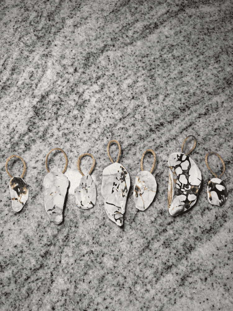 Finished DIY Oyster Shell Christmas Ornaments